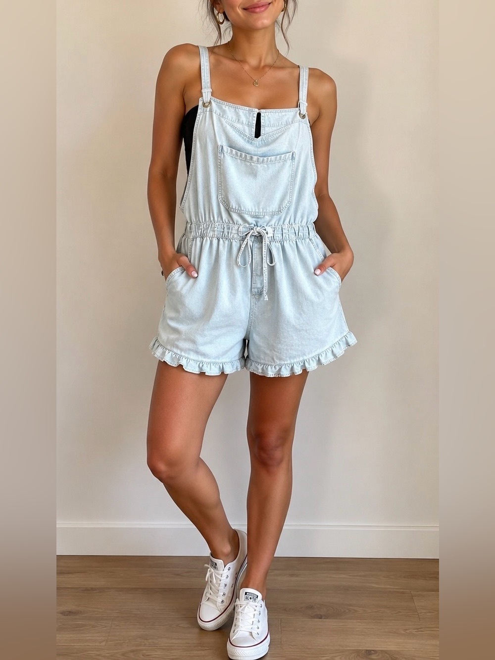Derek Heart Light Wash Denim Romper XL Adjustable Straps Ruffle Hem